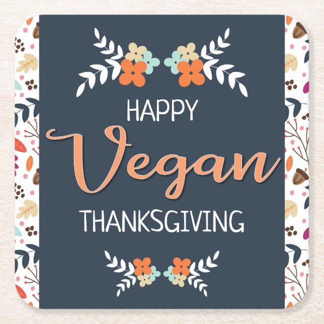 Vegan-Thanksgivingens blå blommigt med orange Underlägg Papper Kvadrat (Framsidan)