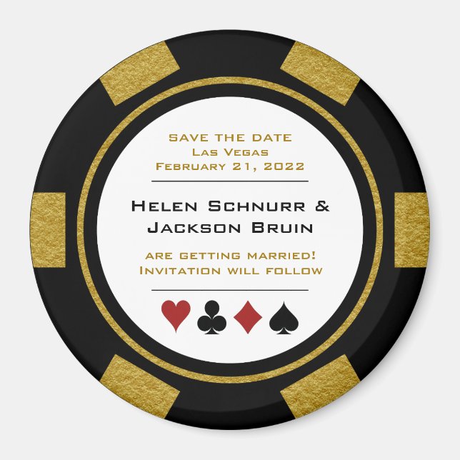 Vegas Black Guld Poker Chip Bröllop spara datum Magnet (Framsidan)