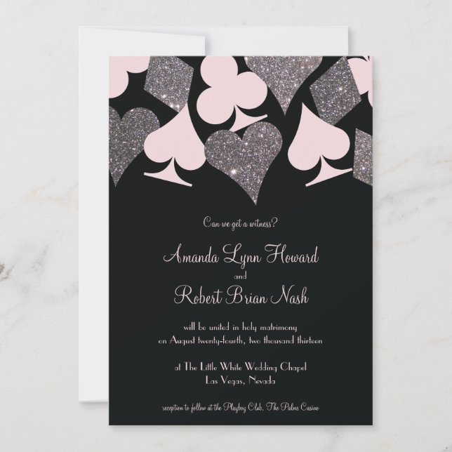 Vegas Bröllop Black Rosa och Silver Faux Glitter Inbjudningar (Framsida)
