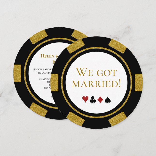Vegas Bröllop Elopement Announce Guld Poker Chip Inbjudningar (Fram/baksida)