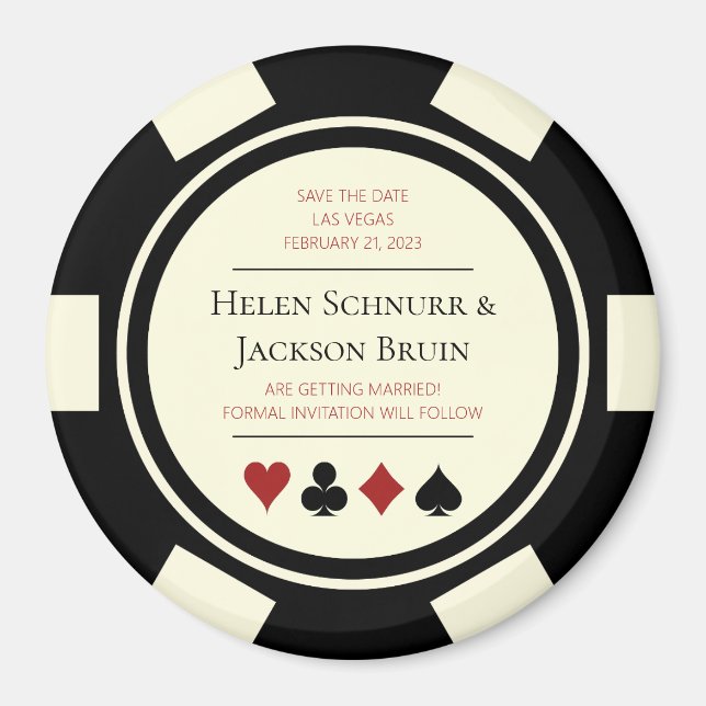 Vegas Bröllop spara datum Poker Chip Black Cream Magnet (Framsidan)