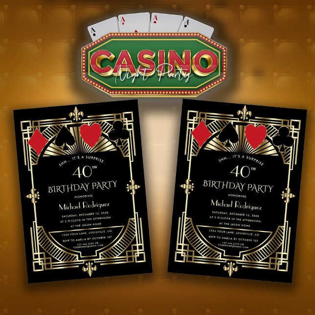 Vegas Casino Royale Underbar Gatsby 40:e födelseda Inbjudningar (birthday party invitation, casino night birthday invite, gold black Las Vegas birthday invitation)