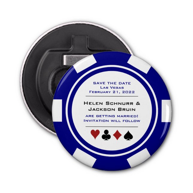 Vegas Navy Blue White Poker Chip sparar datumet Flasköppnare (Framsidan)