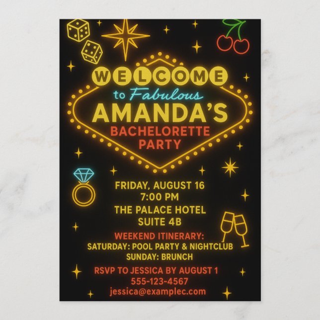 Vegas Neon Sign Bachelorette Party Invitation  Inbjudningar (Framsida)