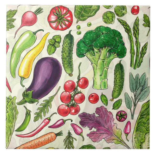 Vegetabiliska örter och trädgårdsskörd på benvita kakelplatta (Framsidan)
