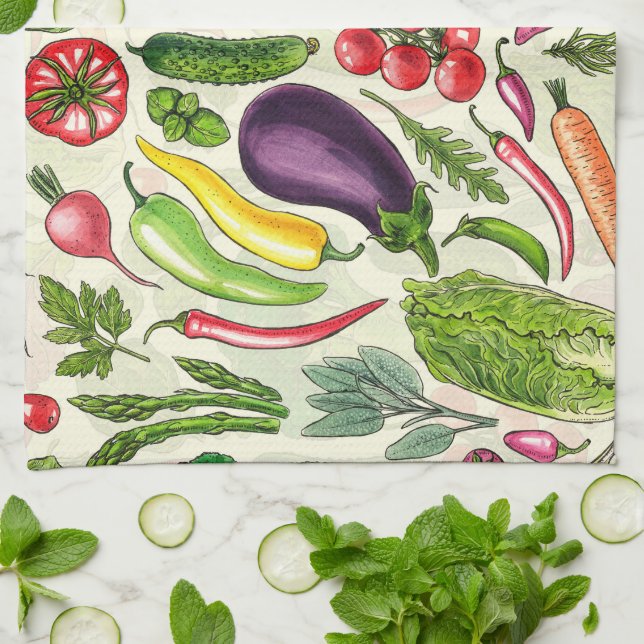 Vegetabiliska örter och trädgårdsskörd på benvita kökshandduk (Vikta)