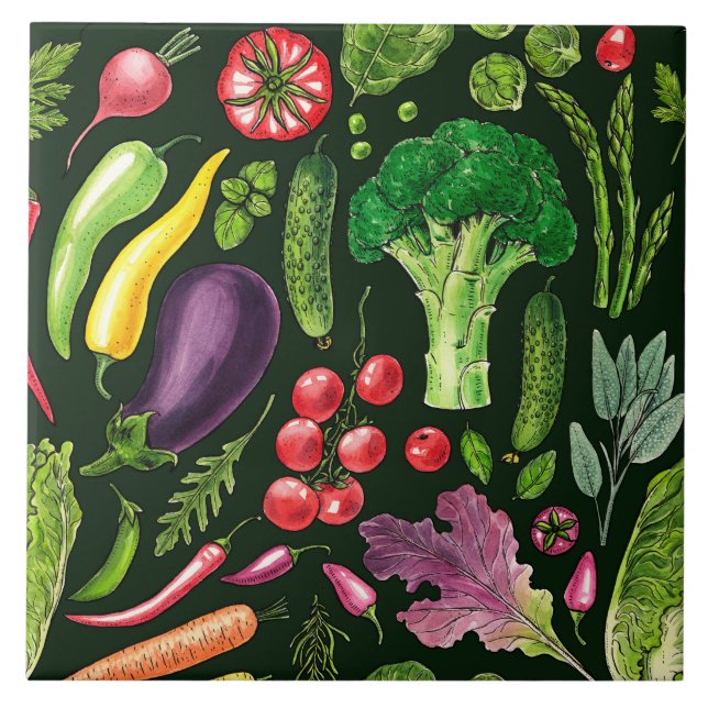 Vegetabiliska örter och trädgårdsskörd på svart kakelplatta (Framsidan)