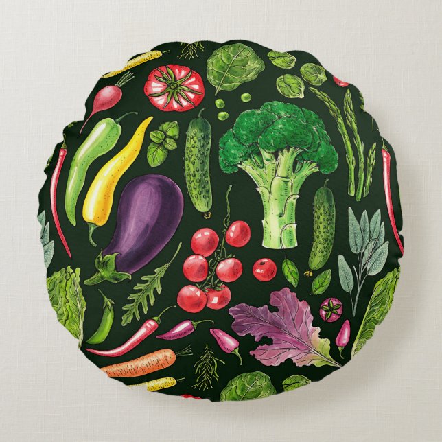 Vegetabiliska örter och trädgårdsskörd på svart rund kudde (Framsidan)