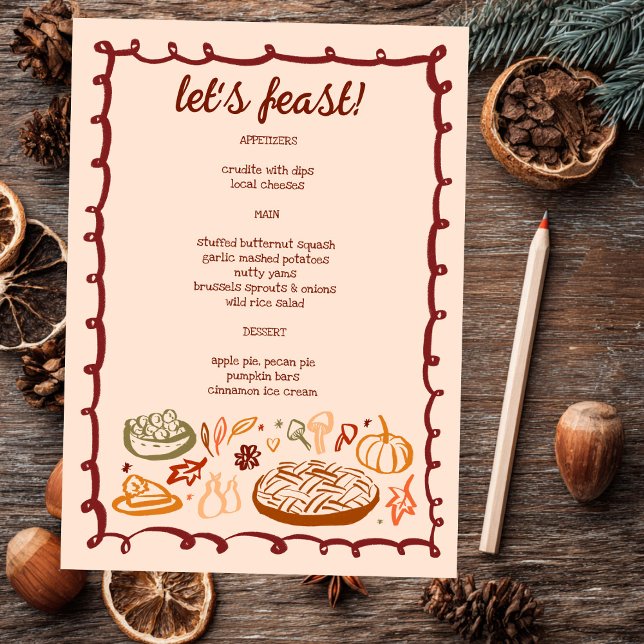 Vegetarska ANPASSNINGSBARNA av viskartad Thanksgiv Meny (Whimsical Thanksgiving Holiday Vegetarian Vegan Doodle Sketch CUSTOM Menu
)