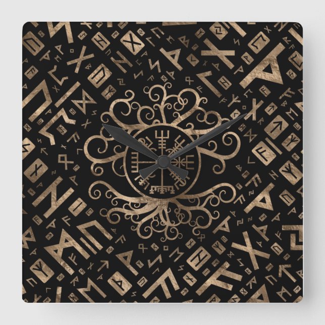 Vegvisir livets träd Yggdrasil och runor Fyrkantig Klocka (Framsida)