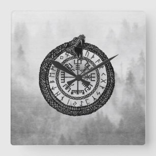 Vegvisir med Ouroboros och runor - gråton Fyrkantig Klocka