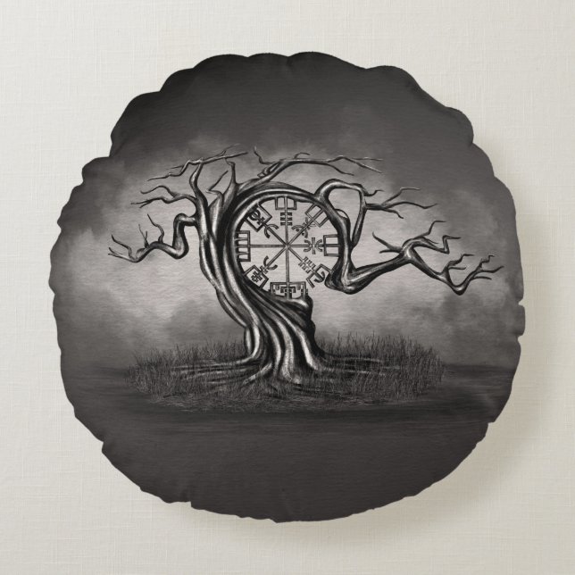 Vegvisir Träd Rund Kudde (Framsidan)