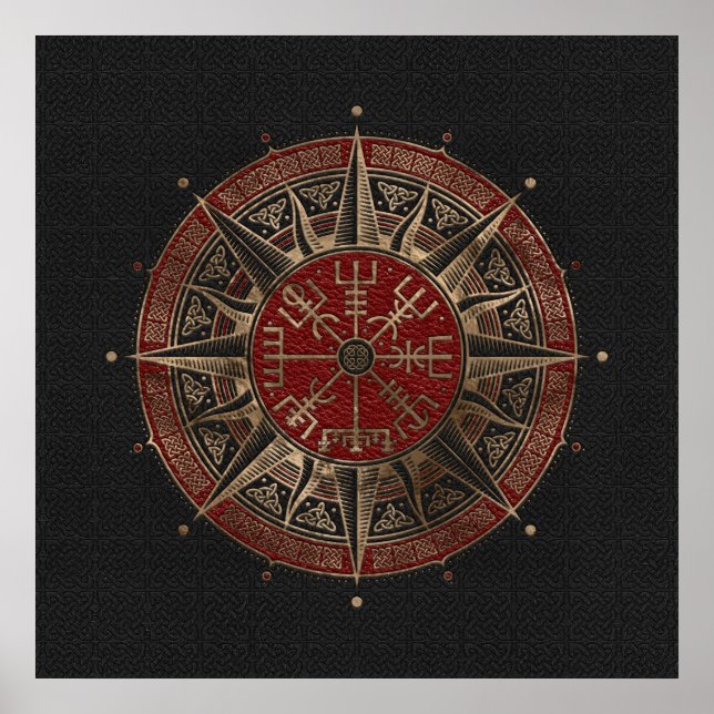 Vegvisir - Viking Compass - Svart och rött läder Poster (Framsidan)