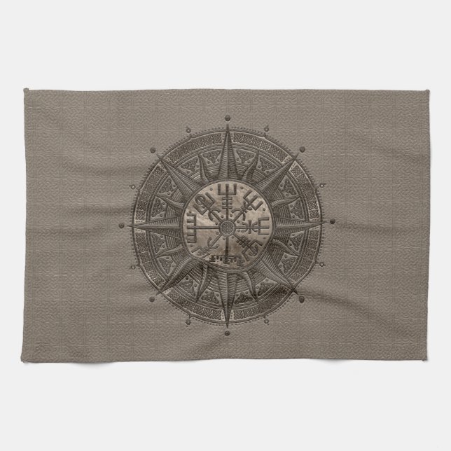 Vegvisir - Viking kompass - beige läder och guld Kökshandduk (Horisontell)