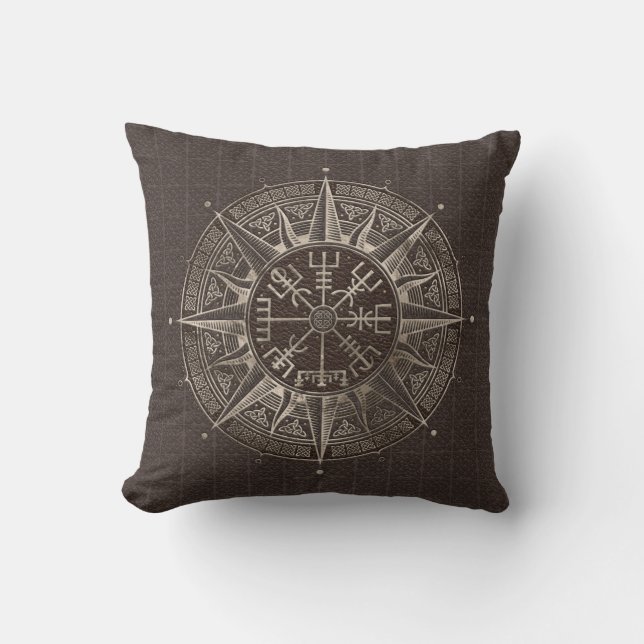 Vegvisir - Viking kompass - brunt läder och guld Kudde (Framsida)