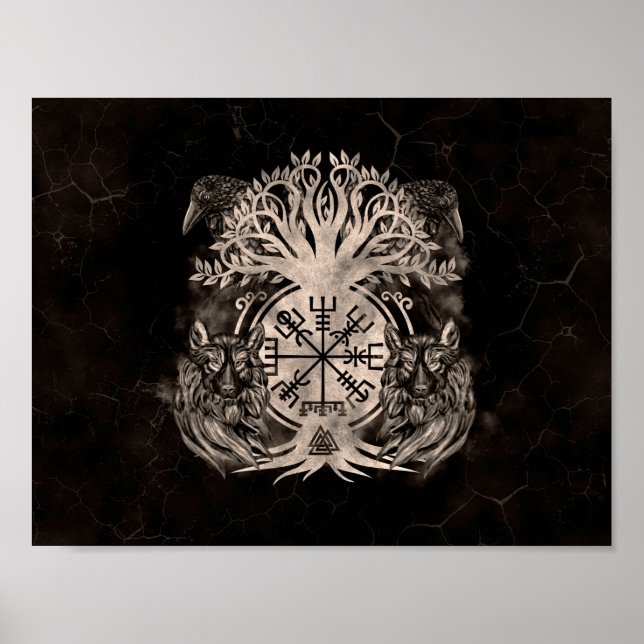 Vegvisir-Yggdrasil med avn och Vargar Poster (Framsidan)