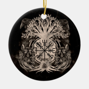 Vegvisir-Yggdrasil med raders och Vargar Julgransprydnad Keramik