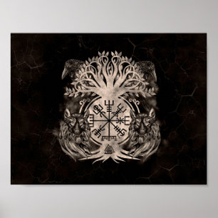 Vegvisir-Yggdrasil med raders och Vargar Poster