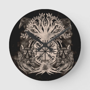 Vegvisir-Yggdrasil med raders och Vargar Rund Klocka