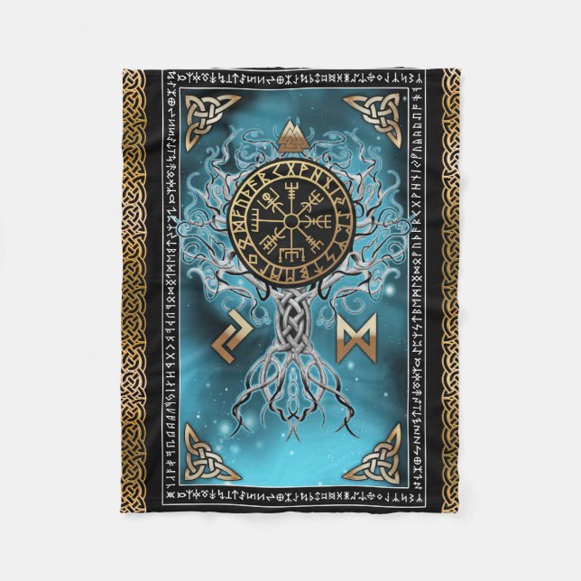 Vegvisir Yggdrasil Viking Runor Norse Fleecefilt (Framsidan)