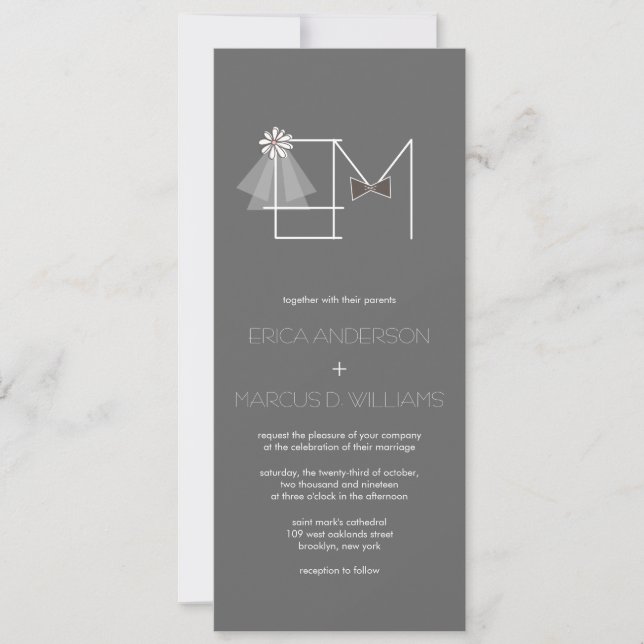 Veil & Bow Tie Monogram bröllopsinbjudan Inbjudningar (Framsida)