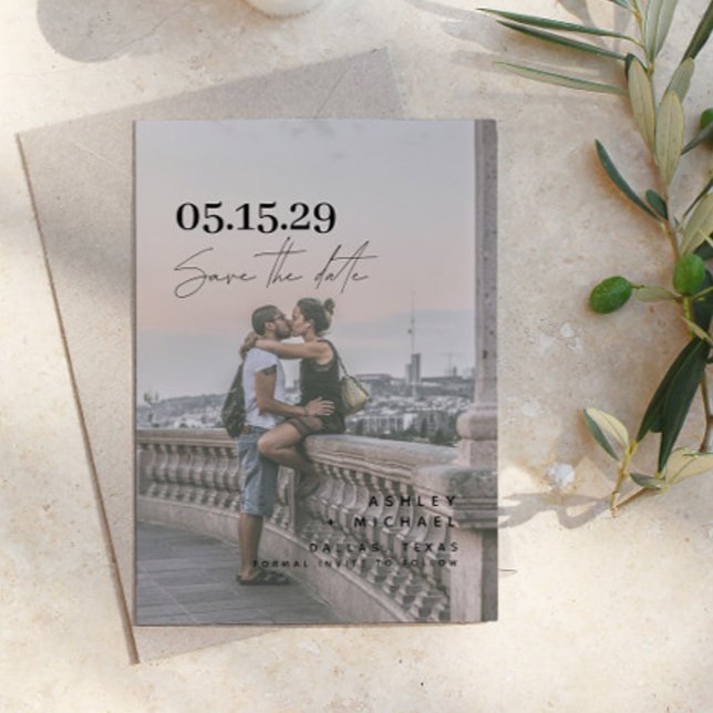 Vellum Letthand Lettered Typography Photo Spara Datumet (Easily personalize this chic, stylish save the date card to create something uniquely yours)
