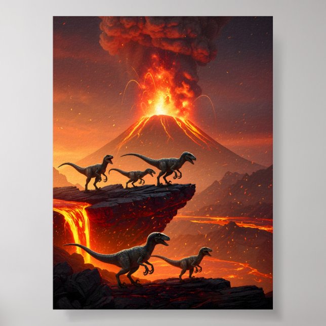 Velociraptor med en Erupting Volcano Poster (Framsidan)