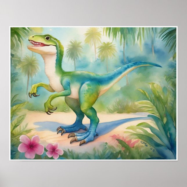 Velociraptor Watercolor Dinosaur Nursery Art Poster (Framsidan)