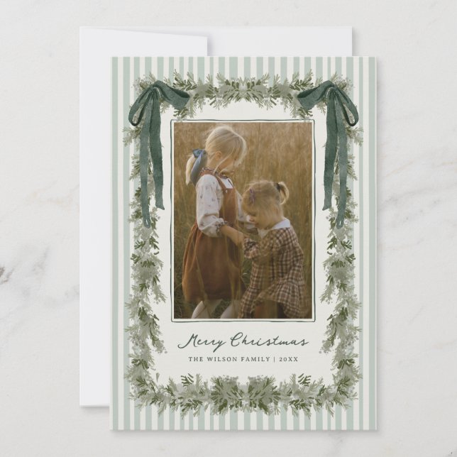 Velvet Bow and Stripes Christmas Photo Card Green Julkort (Framsida)