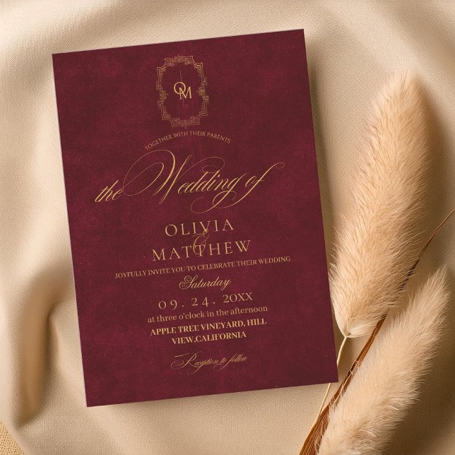 Velvet Burgundy Script Bröllop Inbjudningar (Skapare uppladdad)