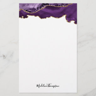 Velvet Lila Guld Agate Geode-skripttypografi Brevpapper