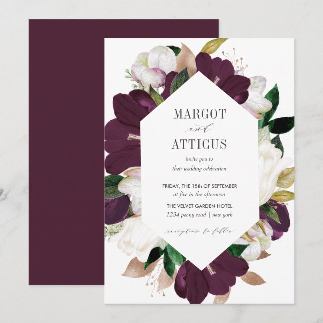 Velvet Magnolia och Ivory Blourhexagon bröllop Inbjudningar (Fram/baksida)