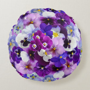 Velvet Pansy Lila Garden Blommönster Rund Kudde