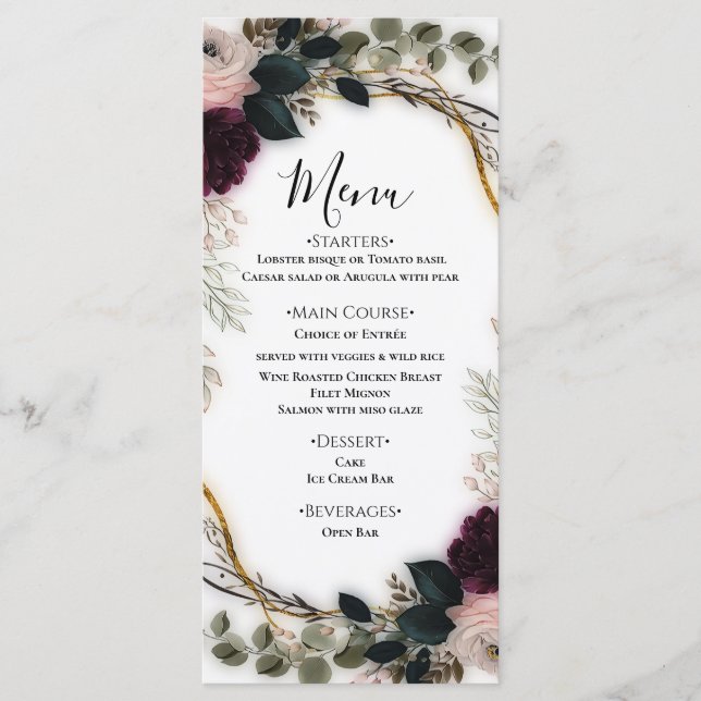 Velvet Plum Garden Floral Greenery Wedding  Meny (Framsida)