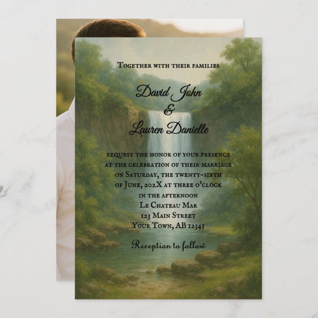 Velvet Rapids Photo Wedding Invitation Inbjudningar (Fram/baksida)