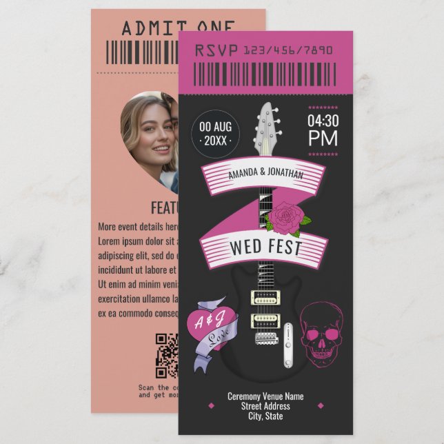 Velvet Thunder Rock ’n’ Roll Wedding Ticket Inbjudningar (Fram/baksida)