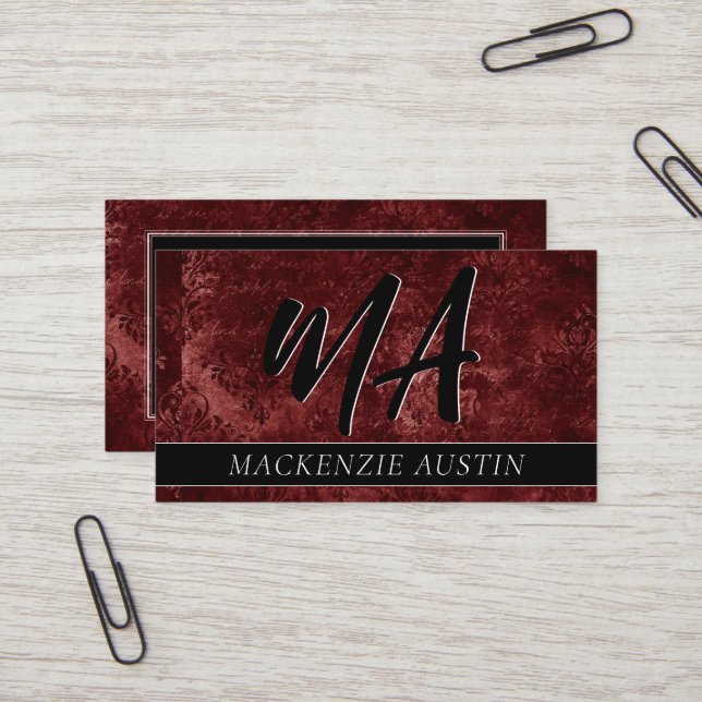 Velvety Henna Damask | Crimson Red Grunge Baroque Visitkort (Fram/Back In Situ)