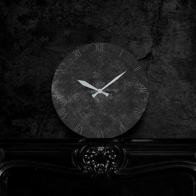 Velvety Onyx Damask | Svart Vampy Grunge Baroque Rund Klocka (Skapare uppladdad)