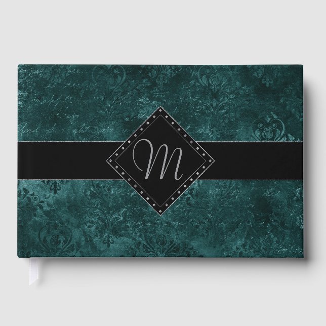 Velvety Teal Damask | Mörk grönt Anpassningsbar fö Gästböcker (Framsida)
