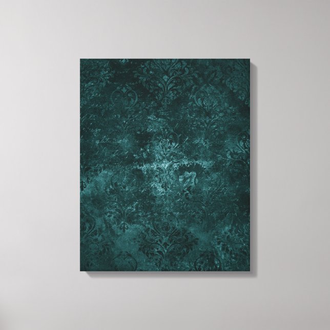 Velvety Teal Damask | Mörk grönt Grunge Baroque Canvastryck (Framsida)