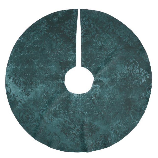 Velvety Teal Damask | Mörk grönt Grunge Baroque Julgransmatta Borstad Polyester (Framsidan)