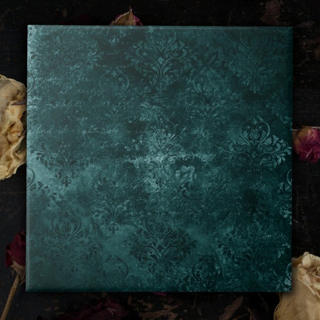 Velvety Teal Damask | Mörk grönt Grunge Baroque Kakelplatta (Skapare uppladdad)