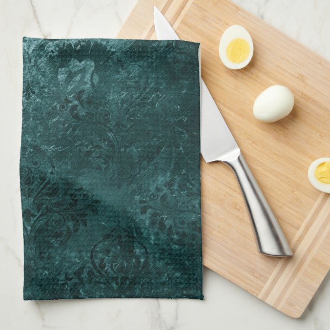 Velvety Teal Damask | Mörk grönt Grunge Baroque Kökshandduk (Vikt i Fjärdedel)