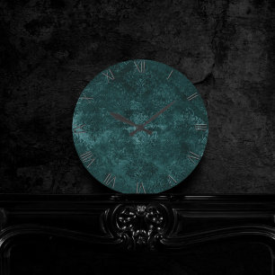 Velvety Teal Damask   Mörk grönt Grunge Baroque Rund Klocka