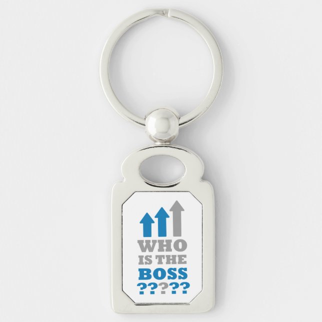 Vem är chef? rektangulärt silverfärgad nyckelring (Framsidan)