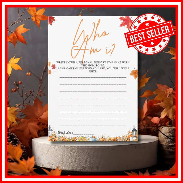 VEM ÄR JAG Baby Shower Game A LITTLE PUMPKIN Inbjudningar (WHO AM I Easy Baby Shower Game A Little Pumpkin is on the Way Fall Autumn Theme )