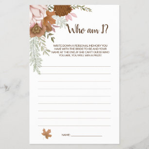 Vem är jag Boho Autumn Möhippa Game Card? Flygblad