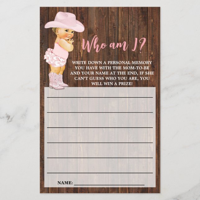 Vem är jag Cowgirl Rosa Baby Shower Game Card Flygblad (Framsidan)
