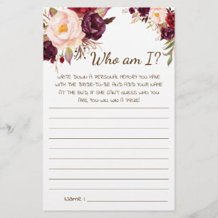 Vem är jag? Marsala Flowers Möhippa Game Card Flygblad