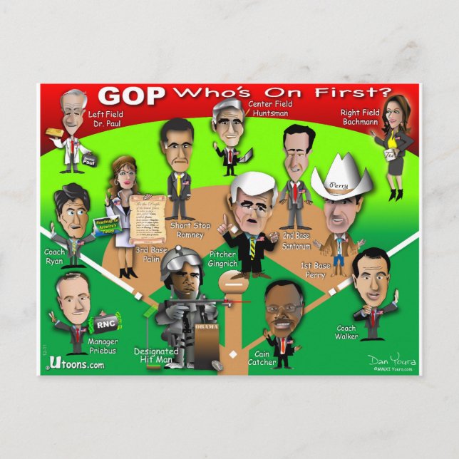 Vem är på första? vykort (Framsida)